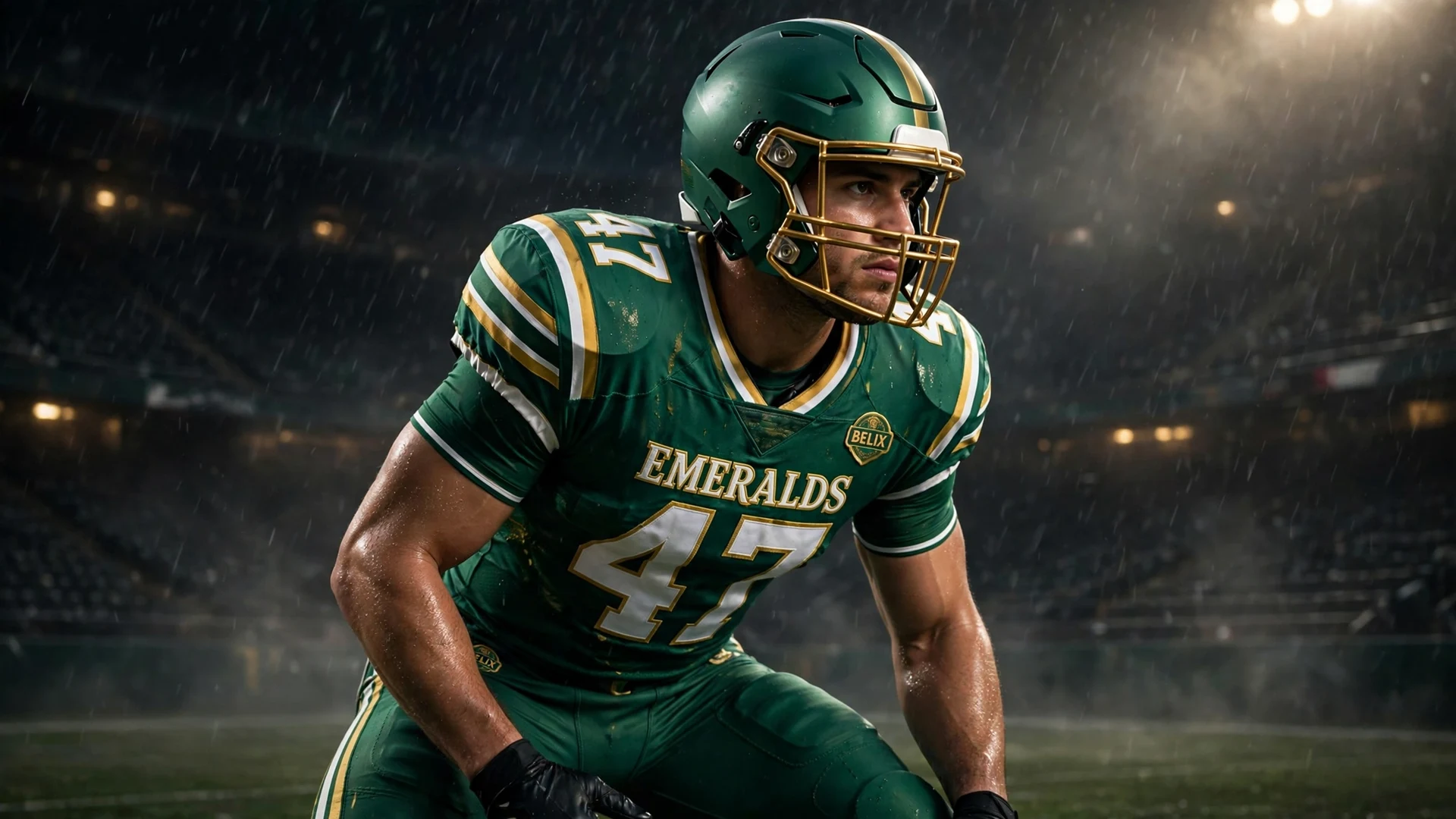 Emerald green custom American football uniform with white and gold accents