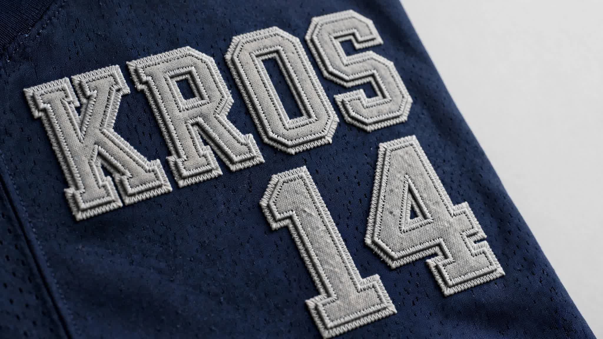 Close-up of layered tackle twill lettering and numbers